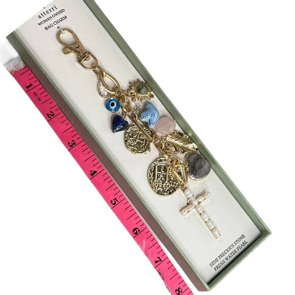 Atterri Bag Charm Stone Fresh Wate Pearl Religious Cross Evil Eye Key Ring New - Picture 4 of 6